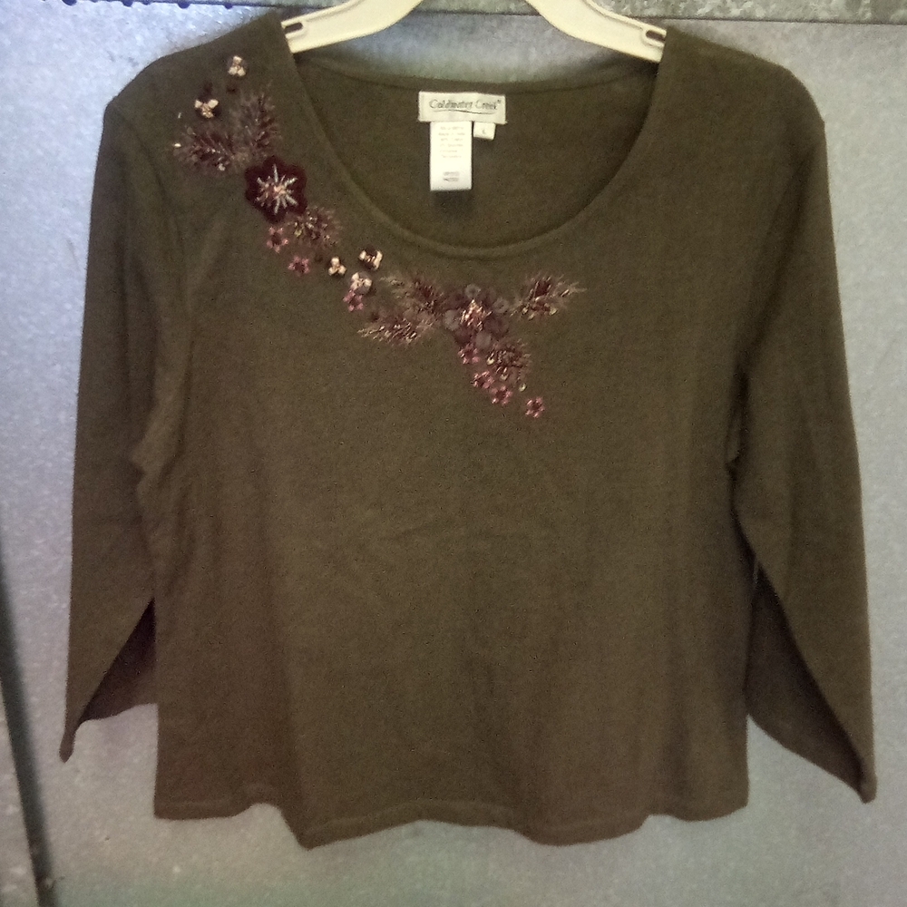 Coldwater Creek Olive Green Scoop Neck Top with Purple Sequin Floral Detail